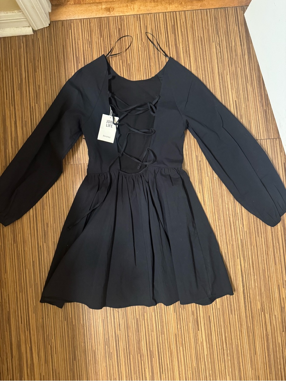 Bershka Open Back Lace Up Black Dress